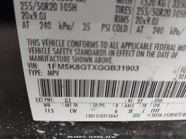 1FM5K8GTXGGB31903 Ford EXPLORER SPORT