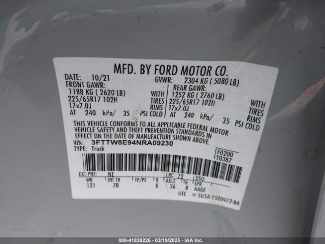 3FTTW8E94NRA09230 Ford Maverick Xlt