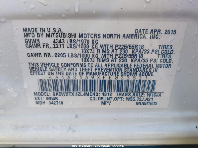 4A4AR4AWXFE033631 Mitsubishi Outlander Sport Gt