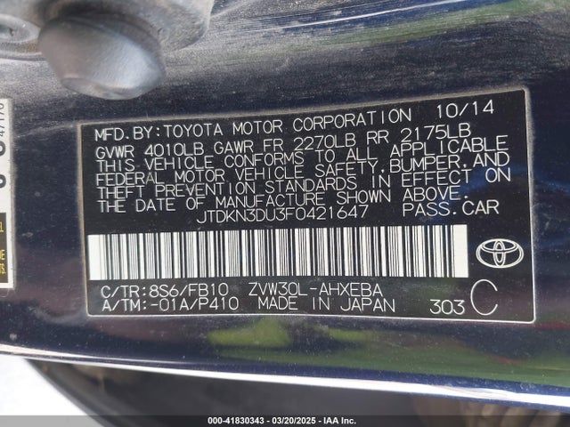 Toyota Prius Two 2015 JTDKN3DU3F0421647 Image 9