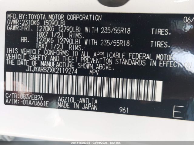JTJYARBZXK2119274 Lexus Nx 300 F Sport