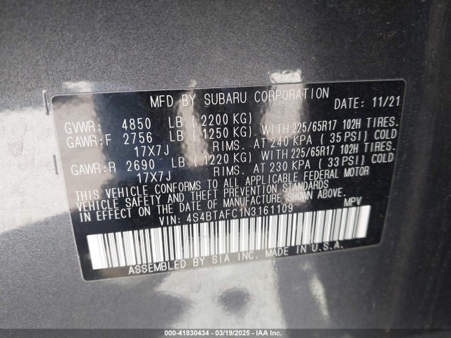 4S4BTAFC1N3161109 Subaru Outback Premium