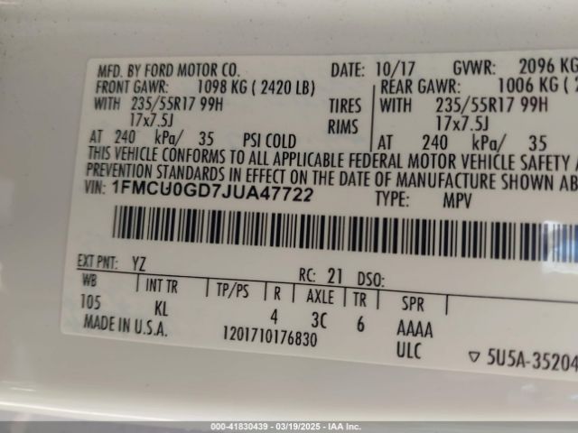 1FMCU0GD7JUA47722 Ford ESCAPE SE