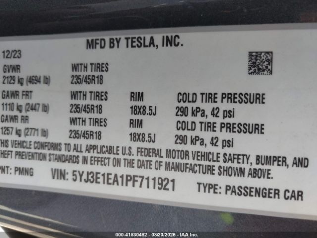 5YJ3E1EA1PF711921 Tesla Model 3 Rear-wheel Drive