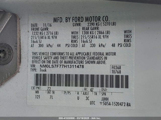 NM0LS7F77H1311478 Ford Transit Connect Xlt