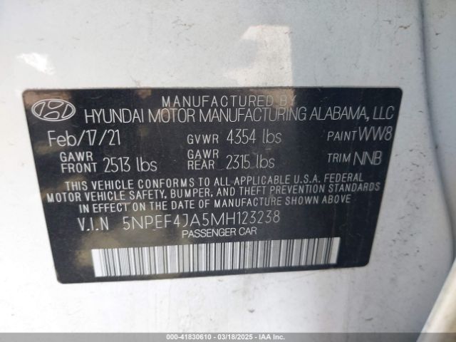 5NPEF4JA5MH123238 Hyundai SONATA SEL