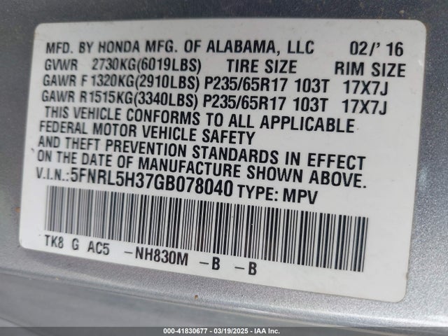 5FNRL5H37GB078040 Honda j35z8