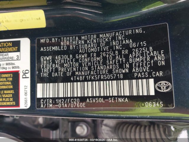 4T4BF1FK5FR505718 Toyota CAMRY LE