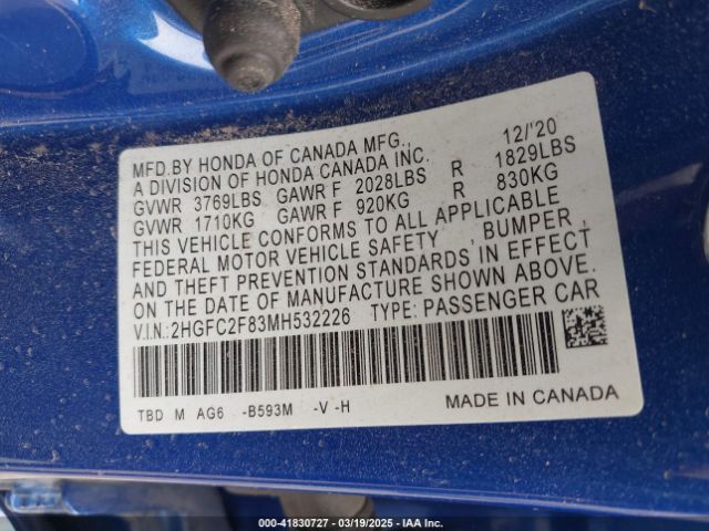 2HGFC2F83MH532226 Honda Civic Sport