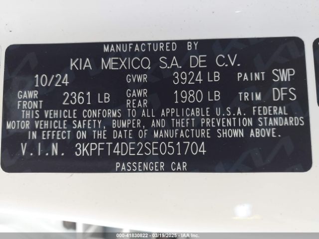 3KPFT4DE2SE051704 KIA K4 Lxs