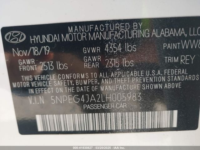 5NPEG4JA2LH005983 Hyundai SONATA SE