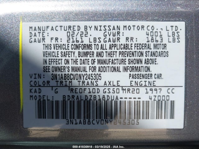 3N1AB8CV0NY245305 Nissan Sentra Sv Xtronic Cvt