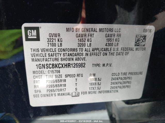 1GNSCBKCXHR126982 Chevrolet Tahoe Lt