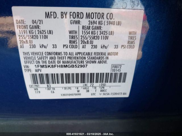 1FMSK8FH8MGB52907 Ford Explorer Limited