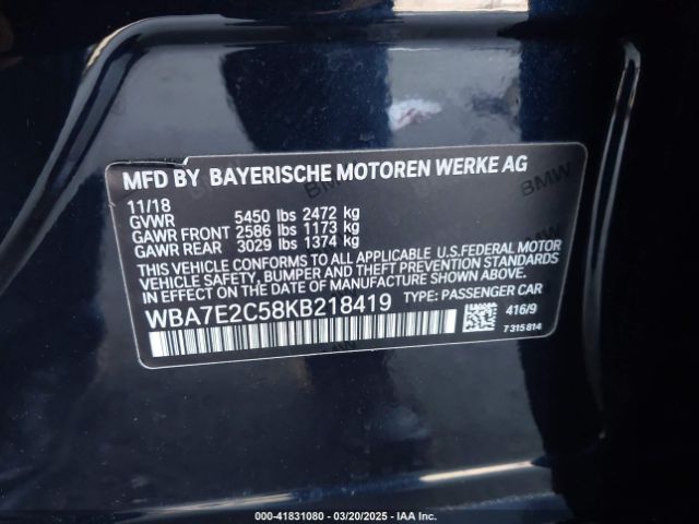 2019 BMW 740I WBA7E2C58KB218419 Photo 8
