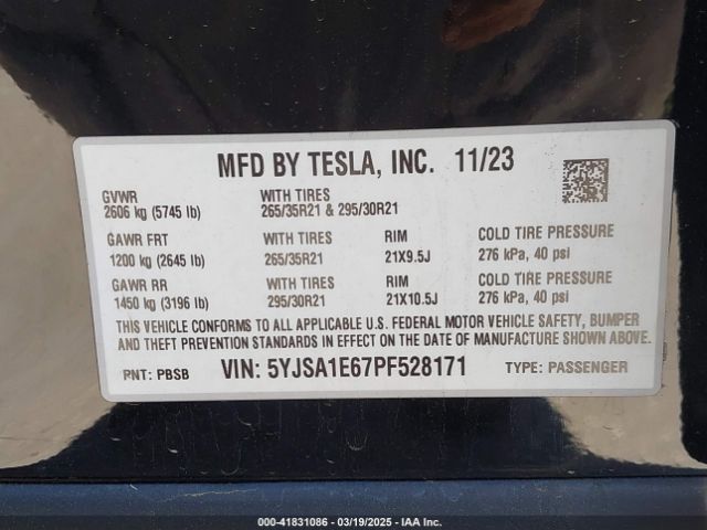 5YJSA1E67PF528171 Tesla Model S Plaid Tri Motor All-wheel Drive