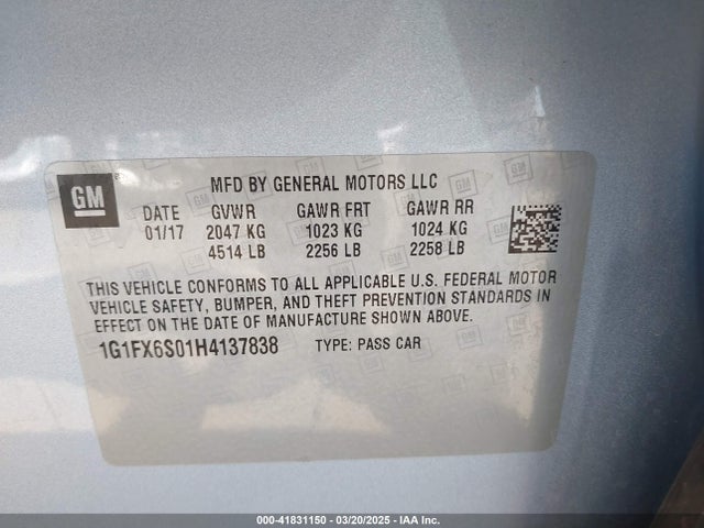 1G1FX6S01H4137838 Chevrolet Bolt Ev Premier