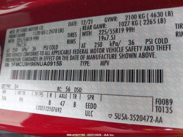 1FMCU9H96NUA09158 Ford ESCAPE SEL