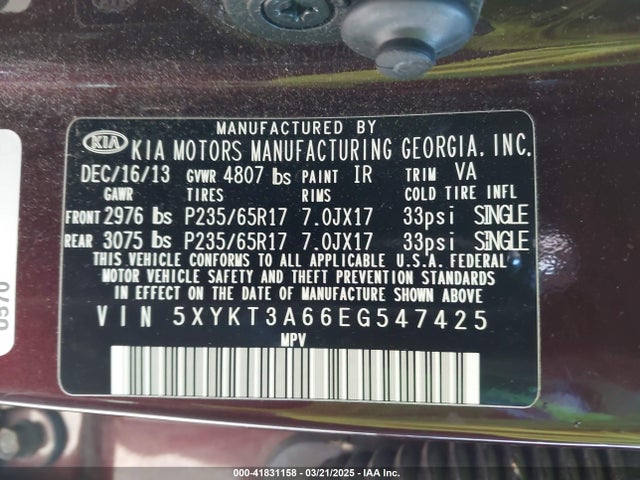 5XYKT3A66EG547425 KIA SORENTO LX