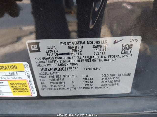 1GNKRHKD3GJ125020 Chevrolet Traverse 2lt