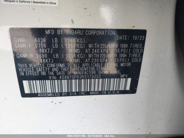 4S4BTGPD3R3179353 Subaru Outback Touring Xt