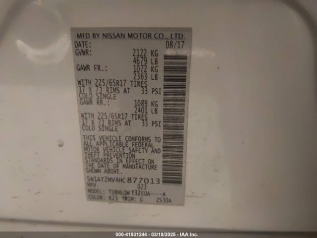 5N1AT2MV4HC877013 Nissan ROGUE SV