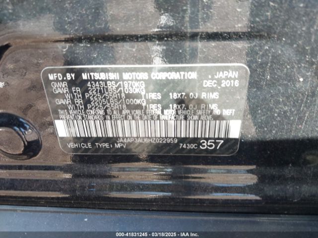 JA4AP3AU6HZ022959 Mitsubishi Outlander Sport 2.0 Es
