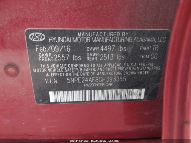 2016 HYUNDAI SONATA 5NPE24AF8GH393365 Photo 8