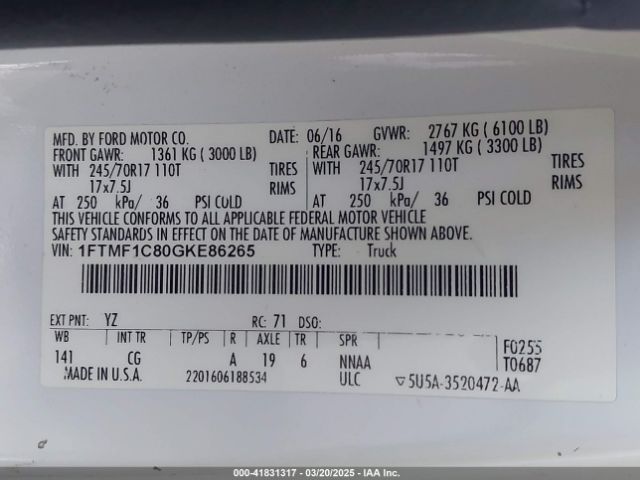 1FTMF1C80GKE86265 Ford F-150 Xl