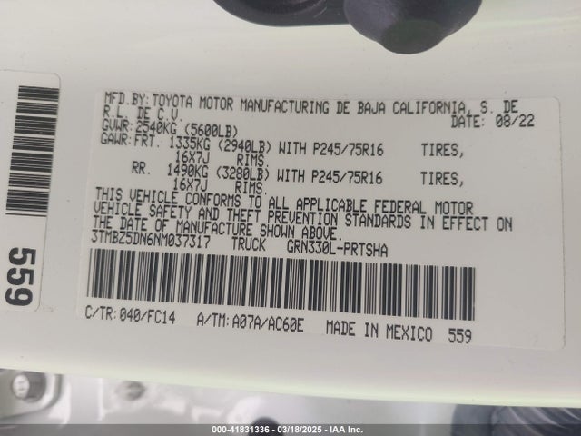 3TMBZ5DN6NM037317 Toyota Tacoma Sr5 V6