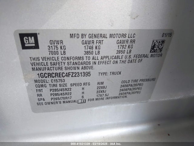 1GCRCREC4FZ231395 Chevrolet Silverado 1500 1lt