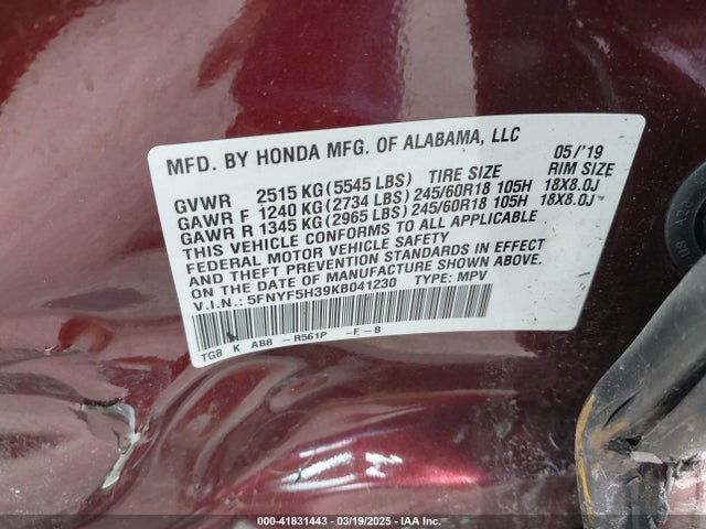 Honda Pilot Ex 2019 5FNYF5H39KB041230 Image 9