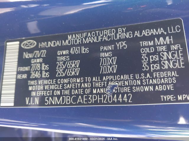 5NMJBCAE3PH204442 Hyundai TUCSON SEL
