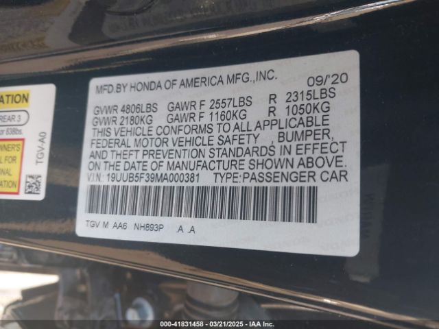 19UUB5F39MA000381 Acura Tlx Standard