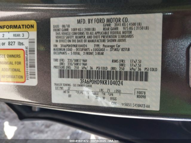 3FA6P0HD9KR104024 Ford FUSION SE