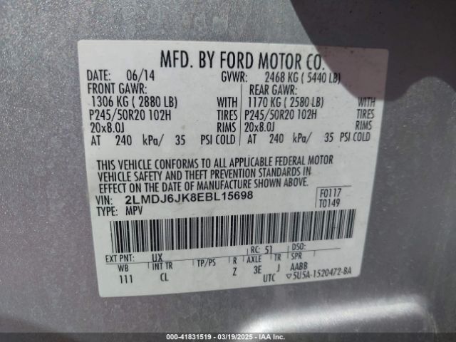 2LMDJ6JK8EBL15698 Lincoln MKX