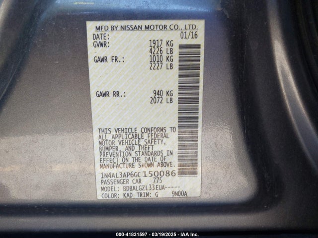 1N4AL3AP6GC150086 Nissan Altima 2.5/2.5 S/2.5 Sl/2.5 Sr/2.5 Sv