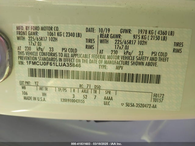 Ford ESCAPE S 2020 1FMCU0F61LUA35846 Image 9