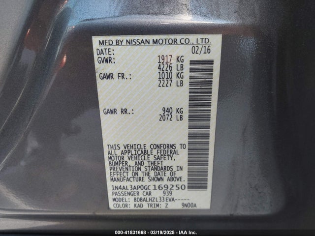 1N4AL3AP0GC169250 Nissan Altima 2.5 Sr