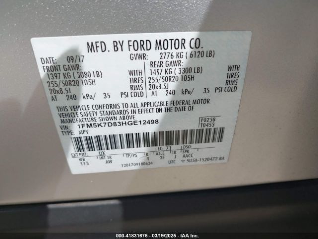 1FM5K7D83HGE12498 Ford EXPLORER XLT