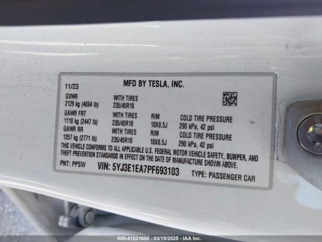 5YJ3E1EA7PF693103 Tesla Model 3 Rear-wheel Drive