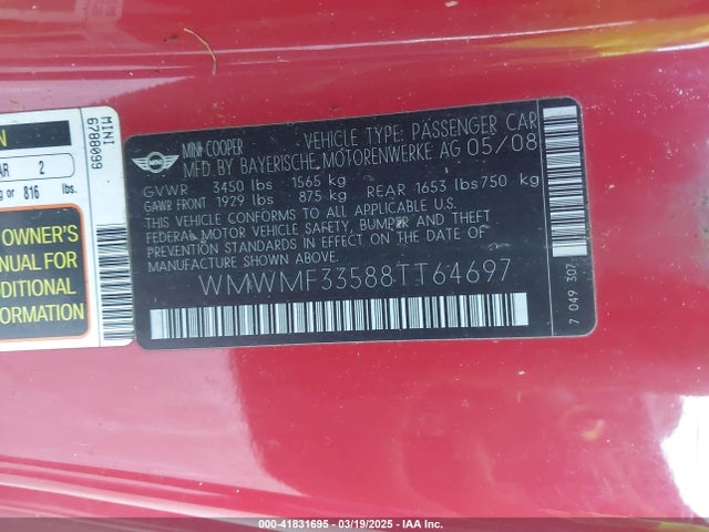 2008 MINI COOPER WMWMF33588TT64697 Photo 8