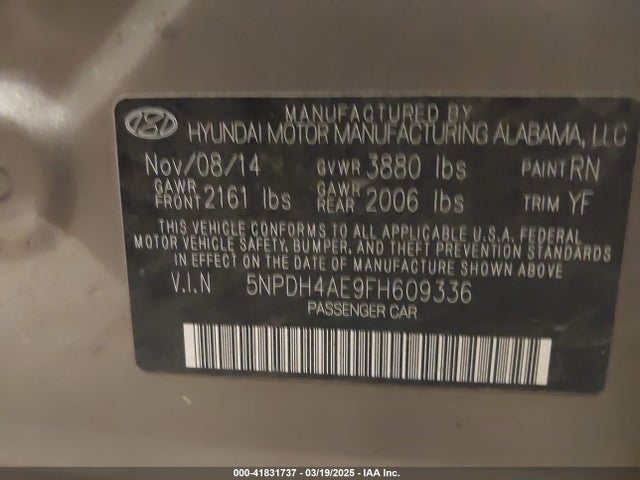5NPDH4AE9FH609336 Hyundai dohc mpi nu