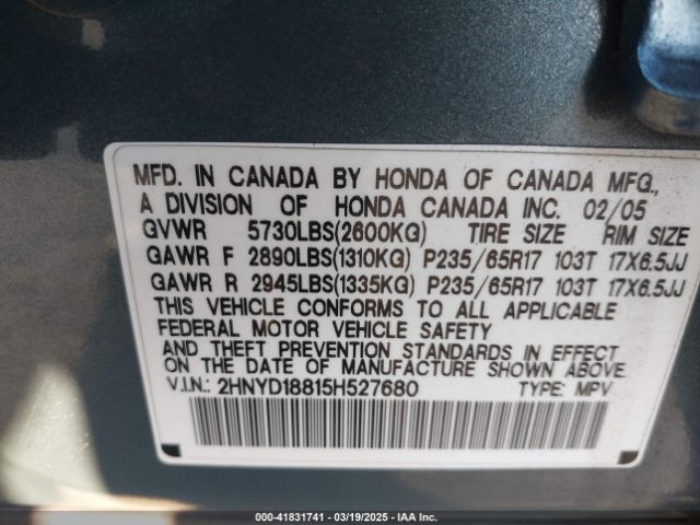 2005 ACURA MDX 2HNYD18815H527680 Photo 8