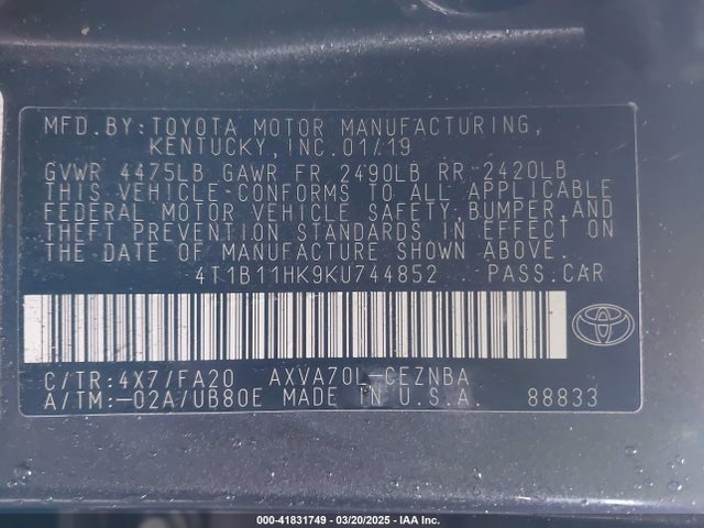 4T1B11HK9KU744852 Toyota CAMRY LE