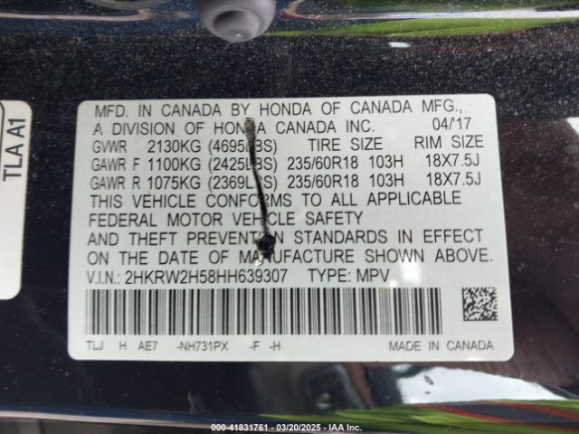 2HKRW2H58HH639307 Honda CR-V EX