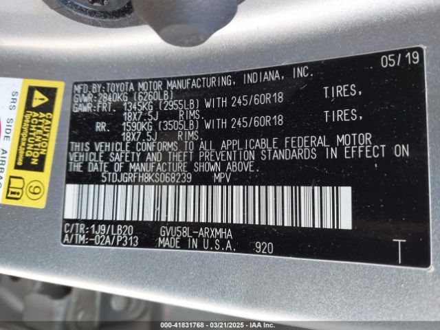 5TDJGRFH8KS068239 Toyota Highlander Hybrid Xle