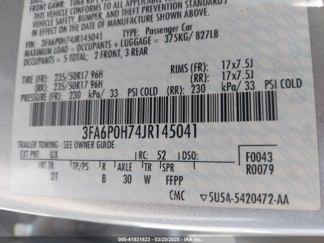 3FA6P0H74JR145041 Ford FUSION SE