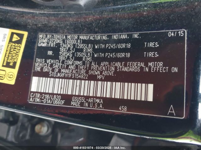 5TDJKRFH1FS154822 Toyota Highlander Xle V6