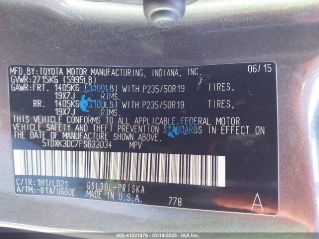 5TDXK3DC7FS633034 Toyota Sienna Se 8 Passenger